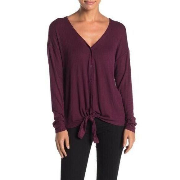 14th and Union button tie front blouse burgundy xs women's - Picture 2 of 6